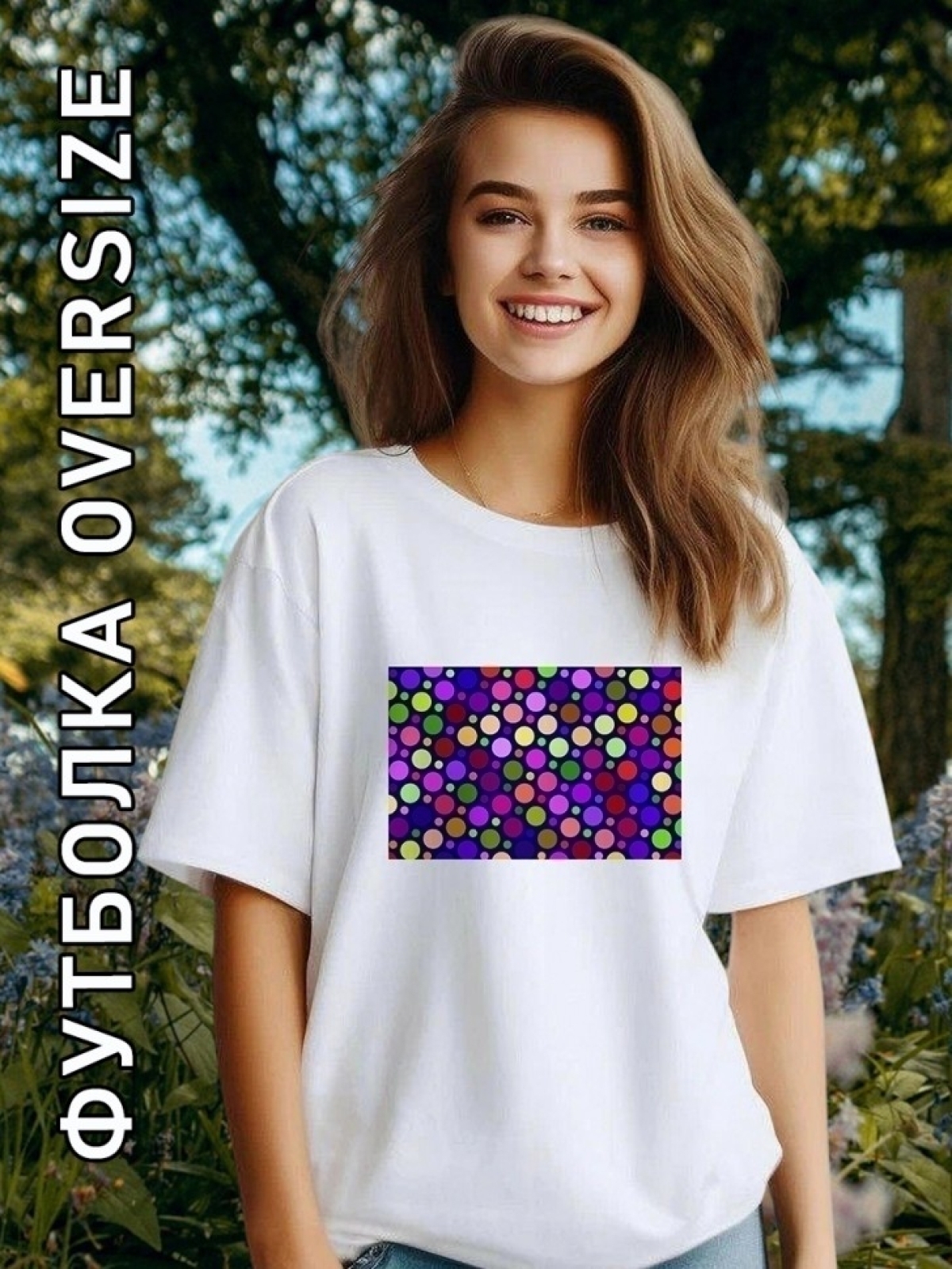 Футболка женская белая с принтом яркие горошины