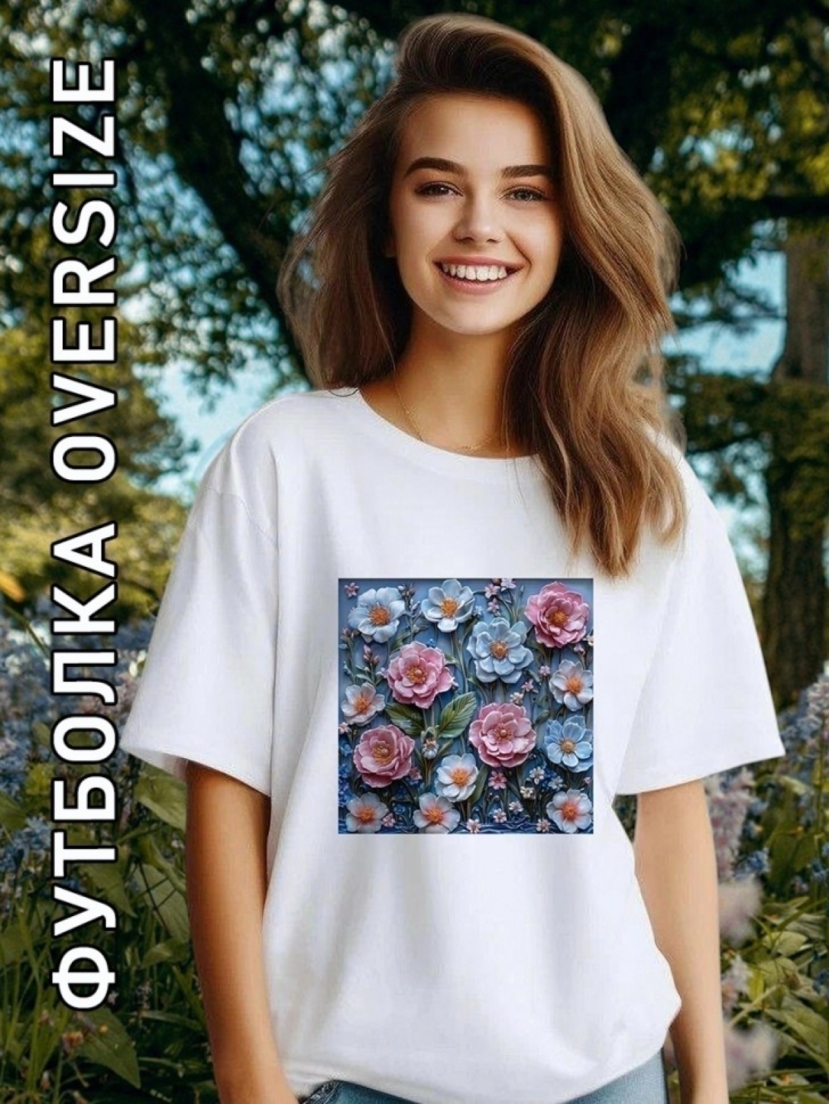 Футболка оверсайз женская белая с принтом нежные цветы
