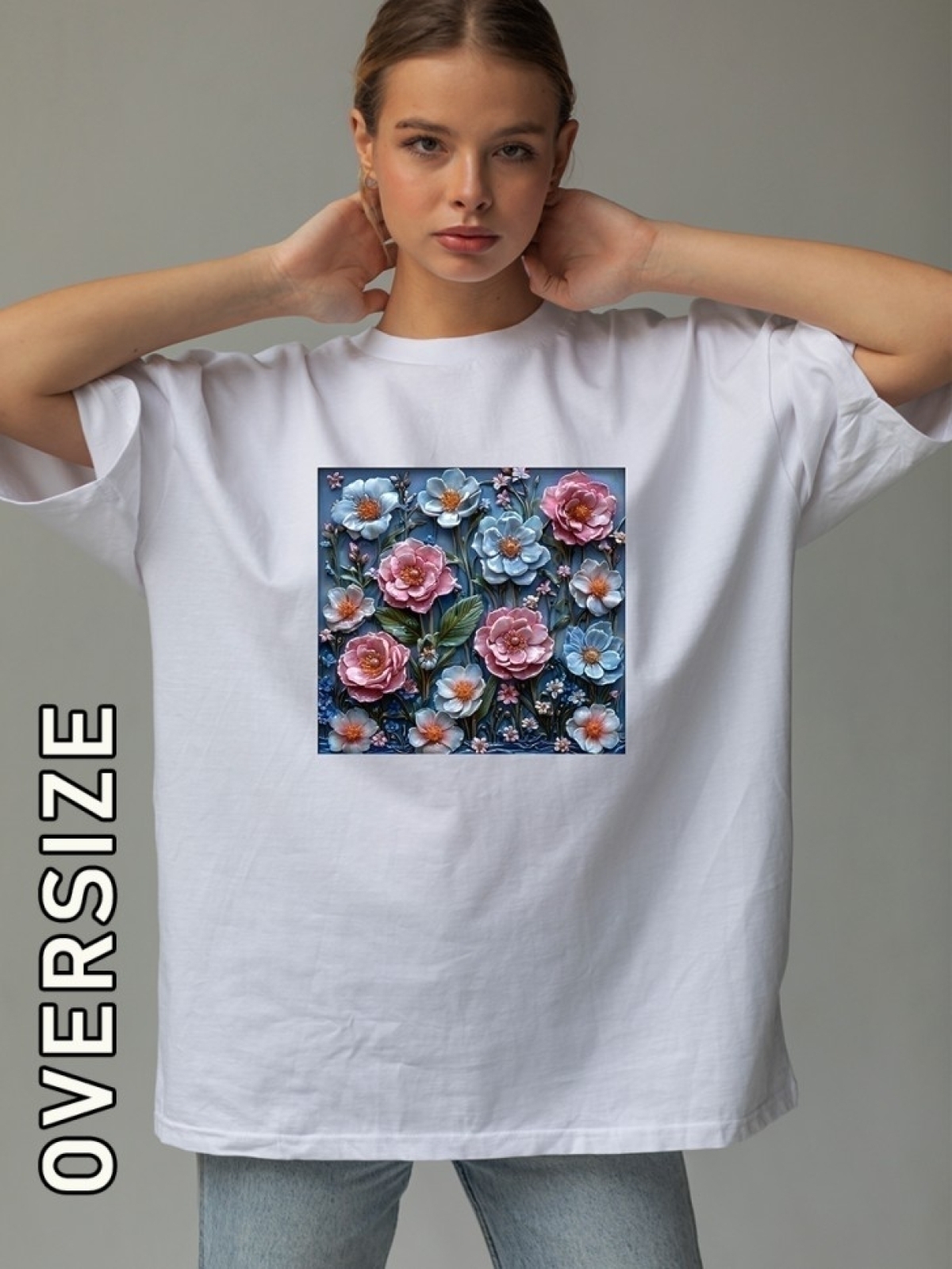 Футболка оверсайз женская белая с принтом нежные цветы Футболка оверсайз женская белая с принтом нежные цветы