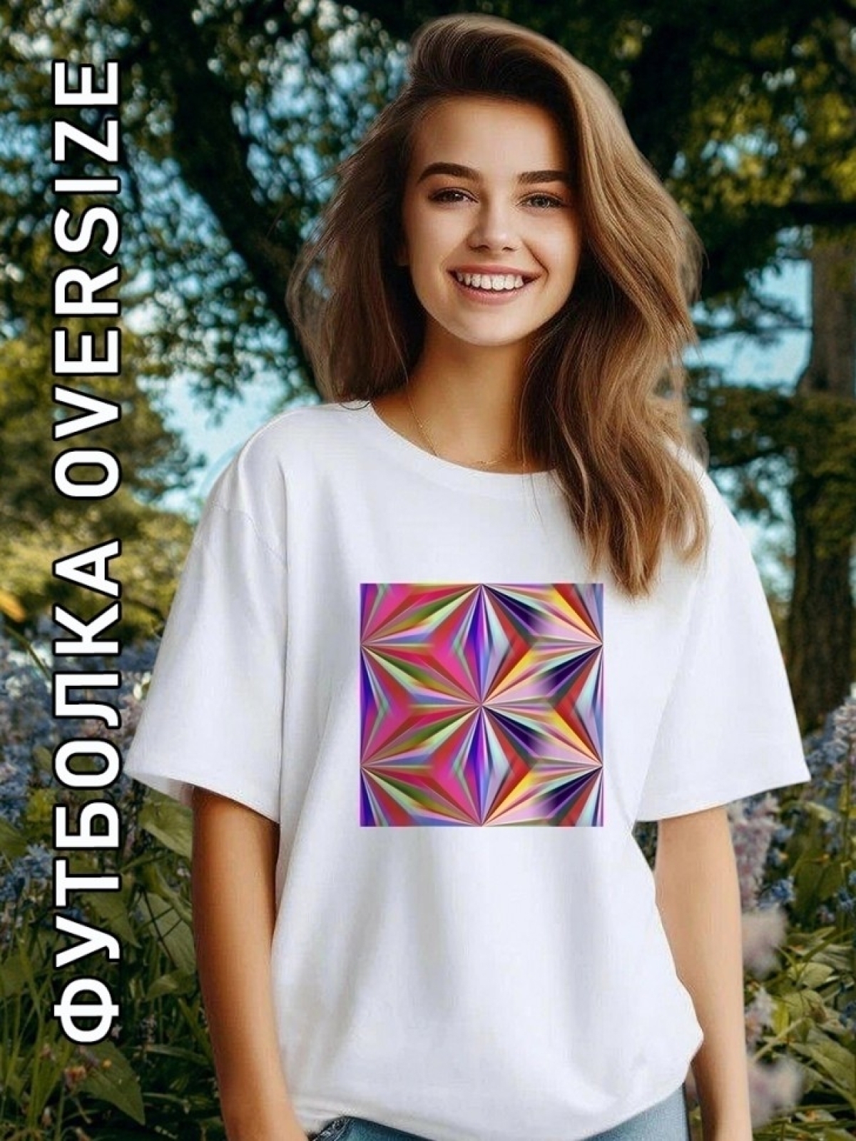 Футболка оверсайз женская белая с принтом калейдоскоп