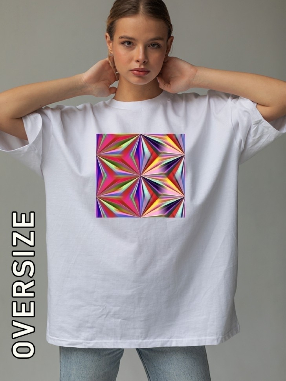 Футболка оверсайз женская белая с принтом калейдоскоп Футболка оверсайз женская белая с принтом калейдоскоп