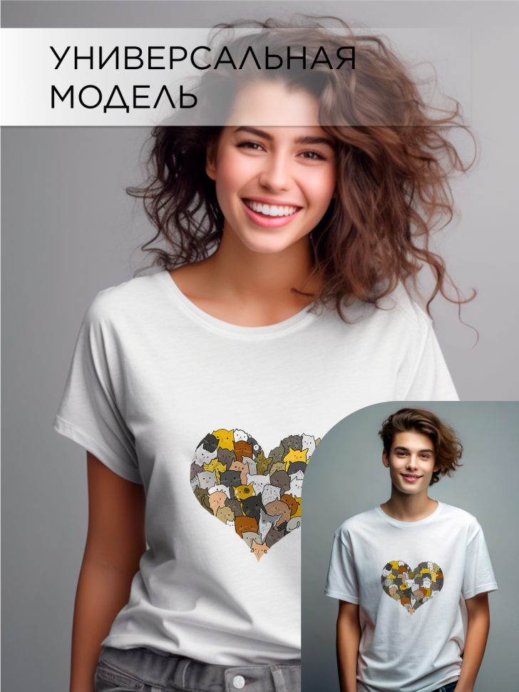 Футболка оверсайз универсальная с принтом Коты и Сердце