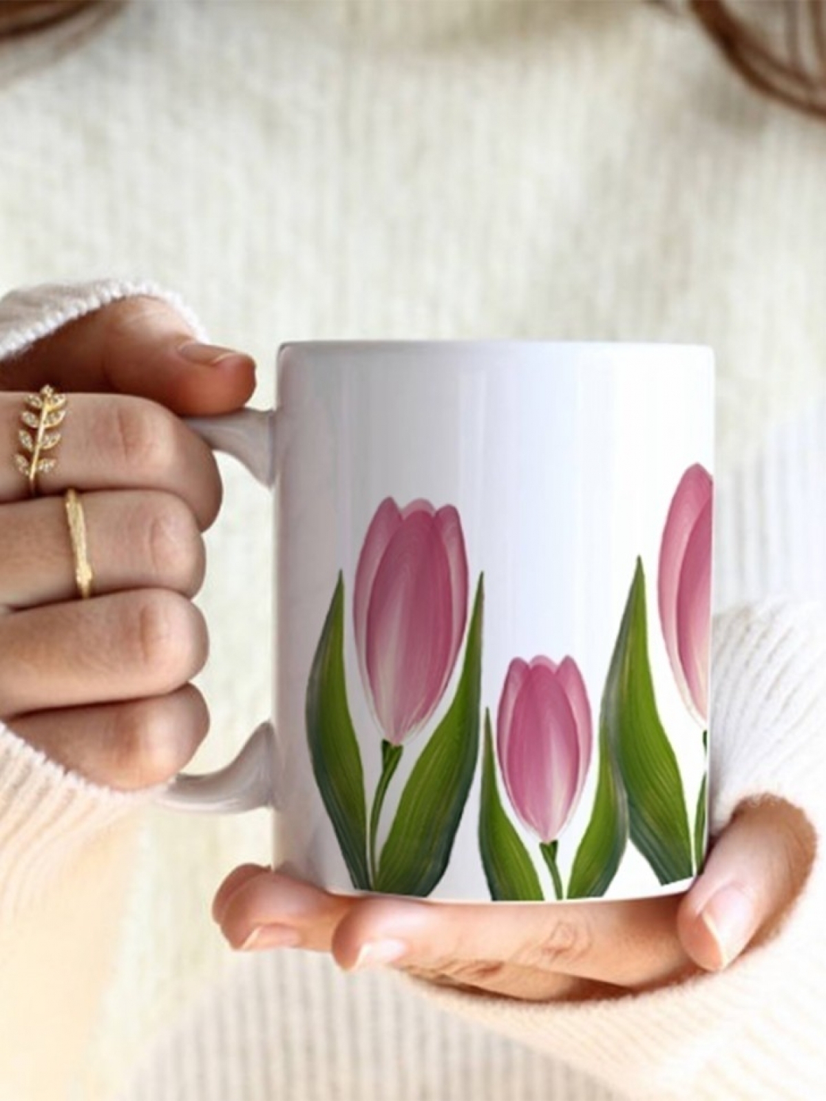 Кружка милая с принтом розовые тюльпаны