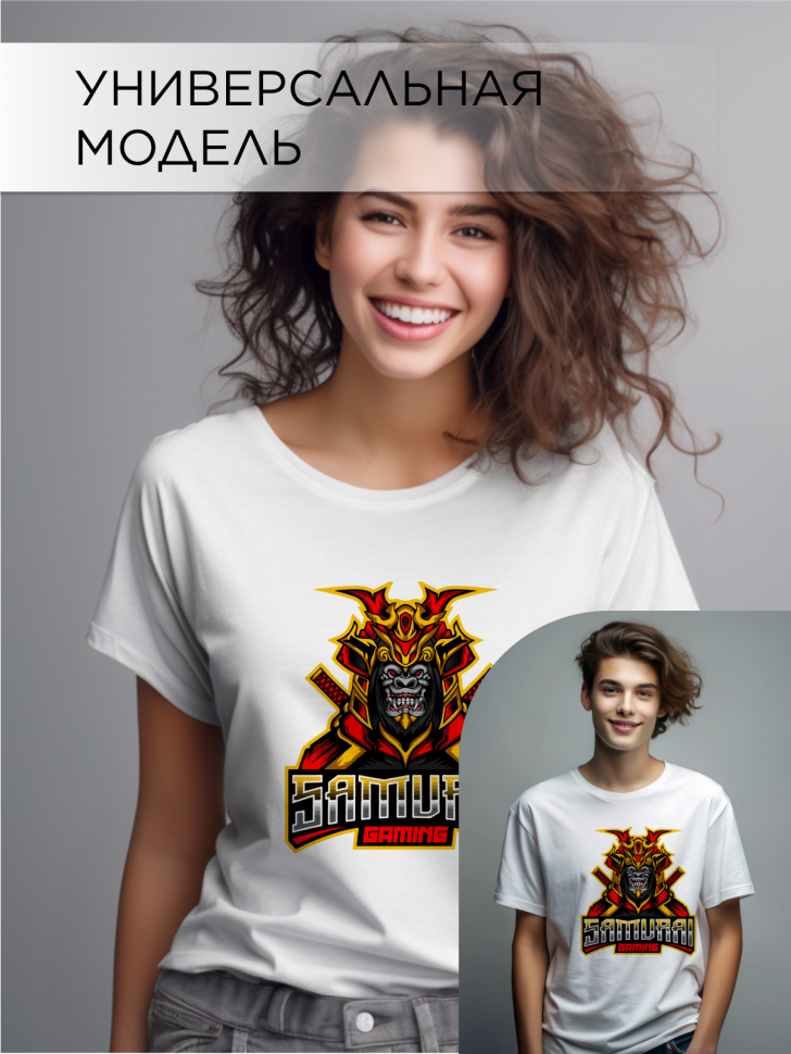 Футболка оверсайз с принтом Самурай белая Футболка оверсайз с принтом Самурай белая