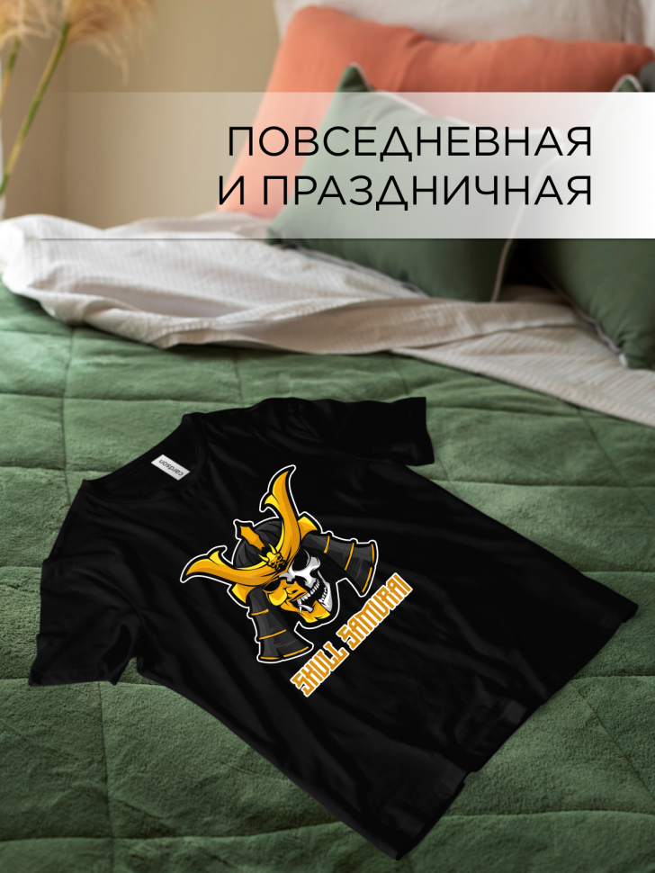 Футболка оверсайз с принтом Самурай череп черная Футболка оверсайз с принтом Самурай череп черная