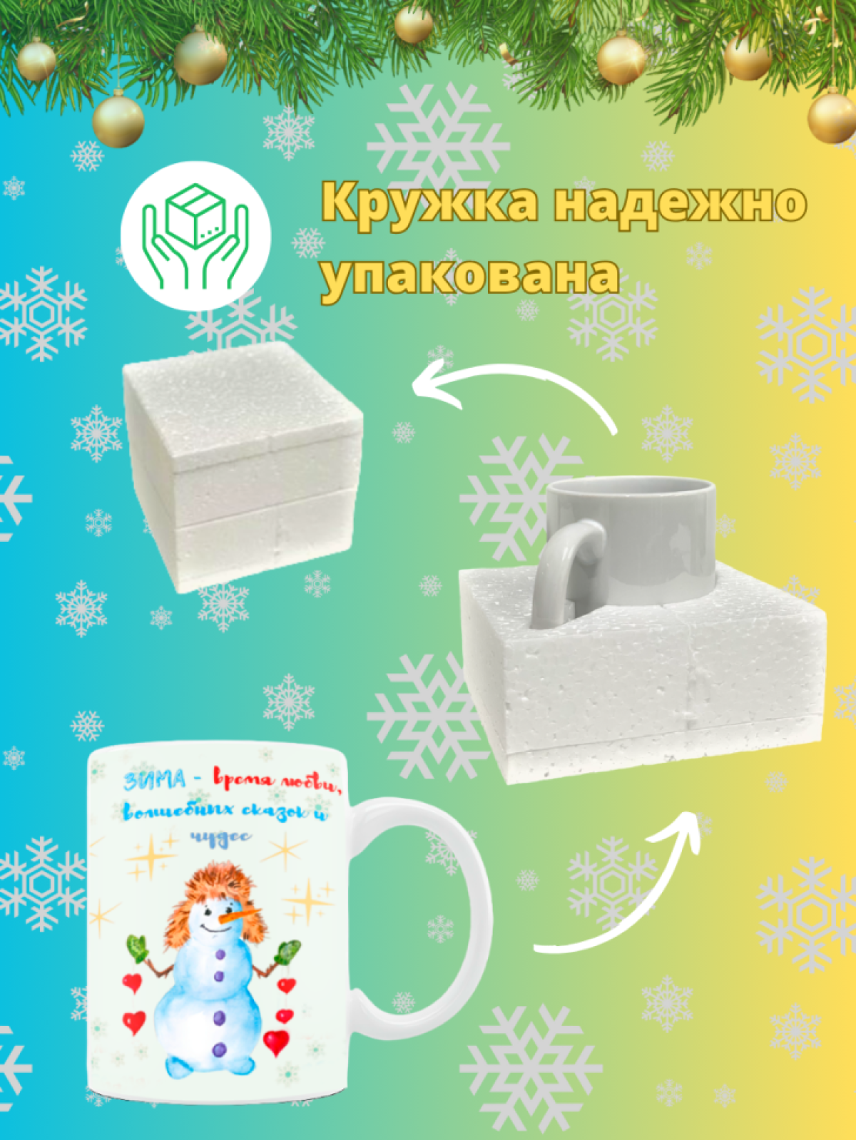 Кружка новогодняя с надписью и принтом Снеговичок