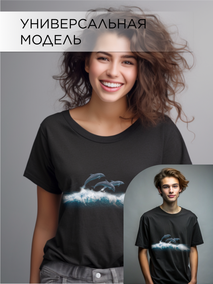 Футболка оверсайз с принтом Дельфины и волны черная