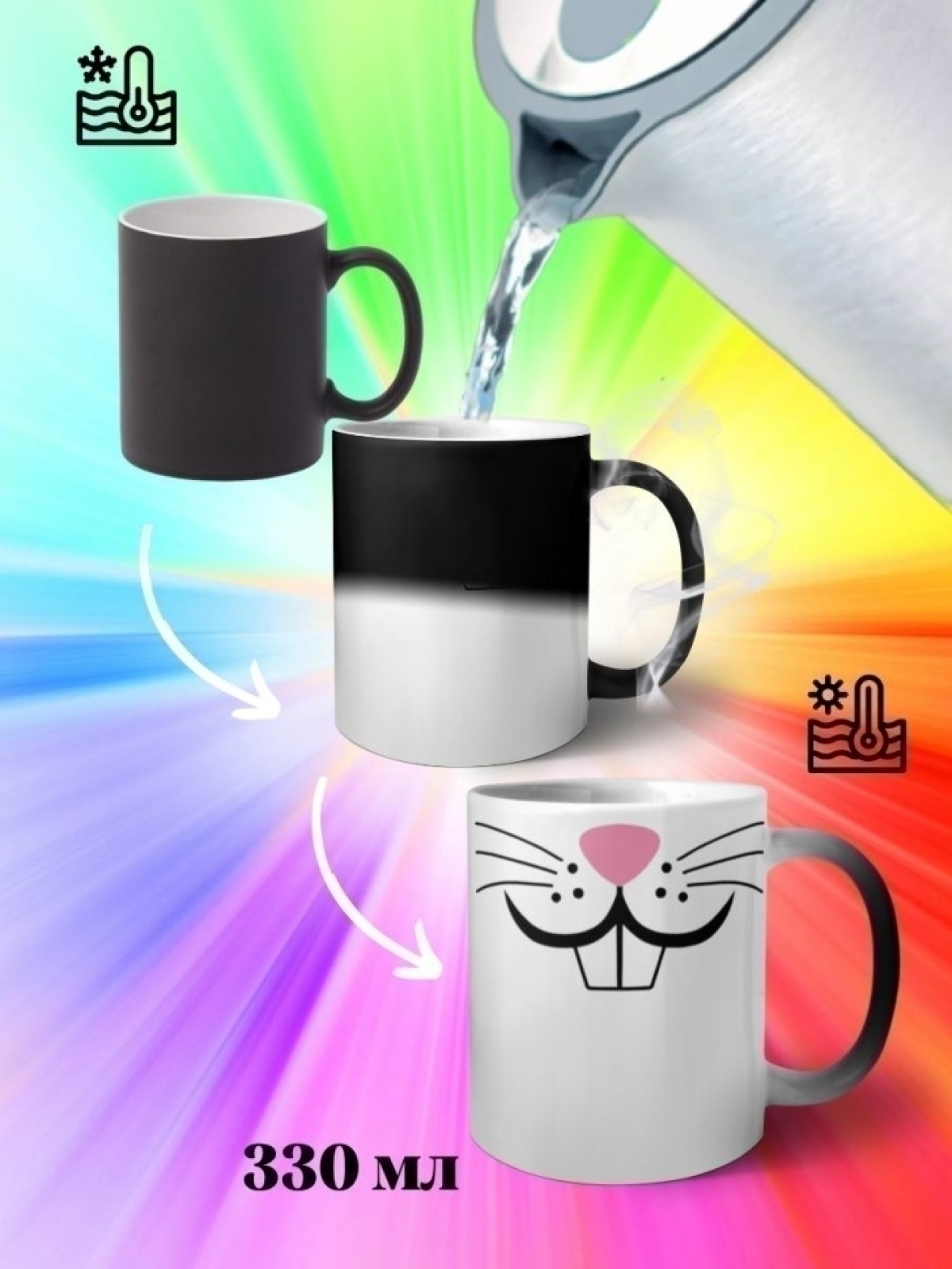 Кружка хамелеон с приколом мордочка зайки