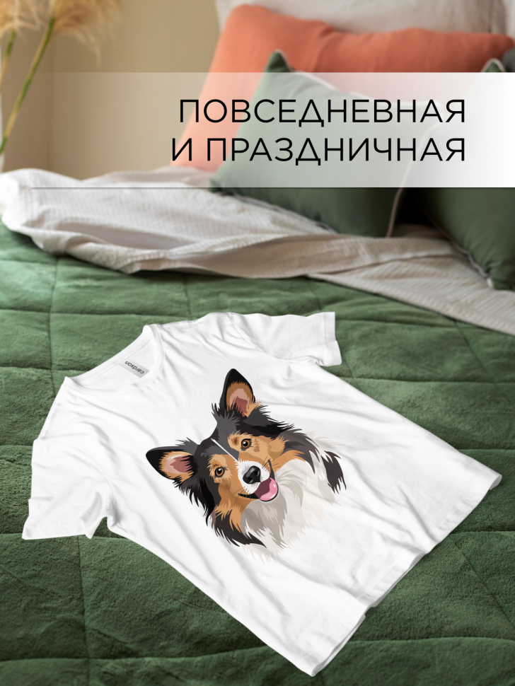 Футболка оверсайз с принтом Шелти колли белая Футболка оверсайз с принтом Шелти колли белая