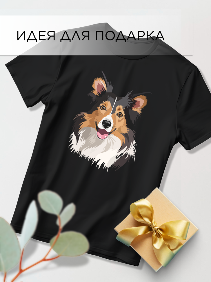 Футболка оверсайз с принтом Шелти колли черная Футболка оверсайз с принтом Шелти колли черная