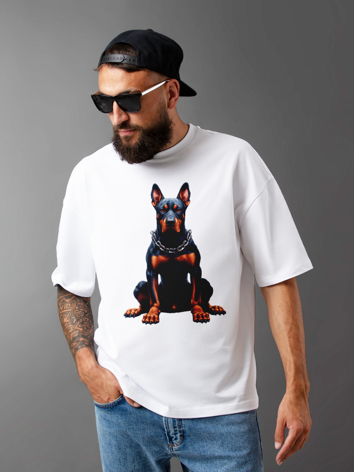 Футболка оверсайз мужская с принтом доберман Футболка оверсайз мужская с принтом доберман