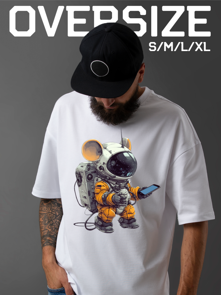 Футболка оверсайз мужская с рисунком мышь космонавт 