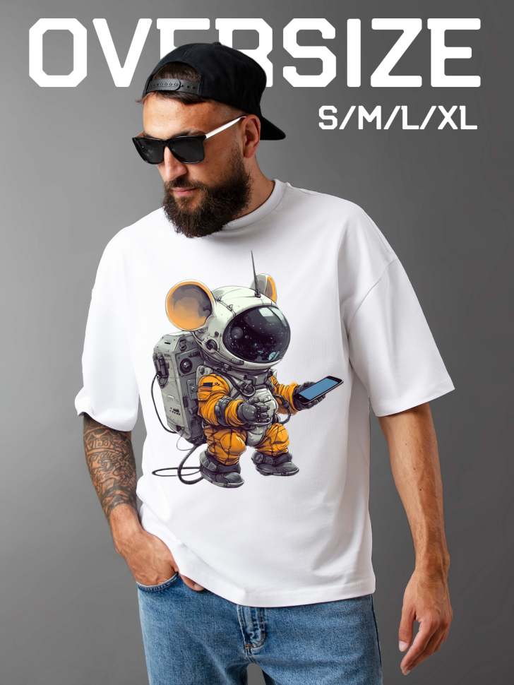 Футболка оверсайз мужская с рисунком мышь космонавт 
