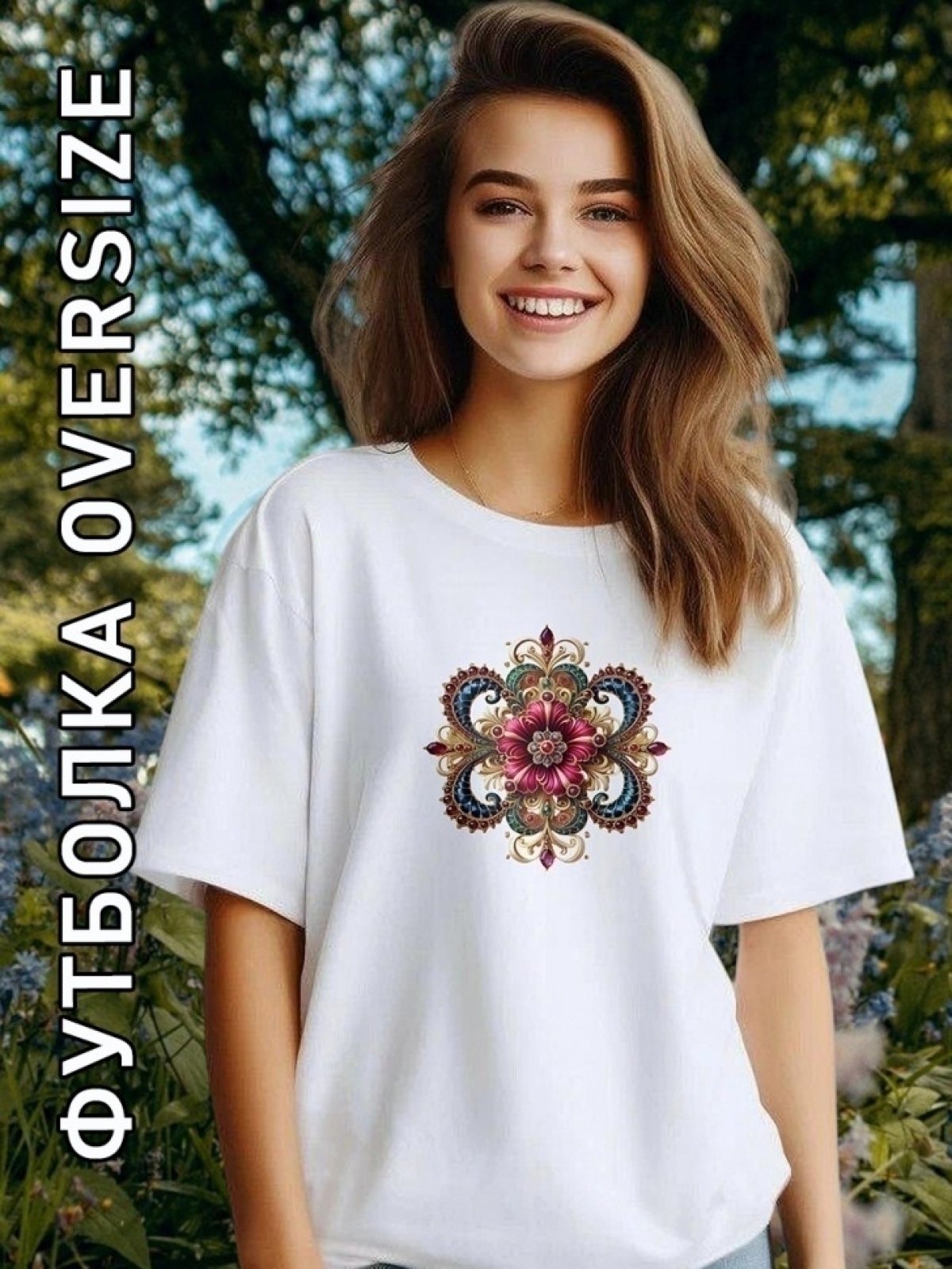 Футболка оверсайз женская белая с принтом брошь