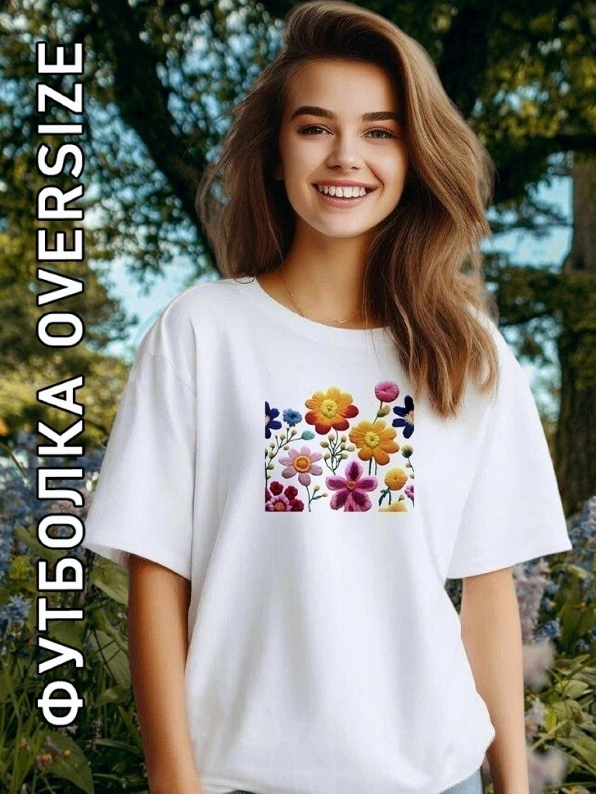 Футболка оверсайз женская белая с принтом цветочная поляна