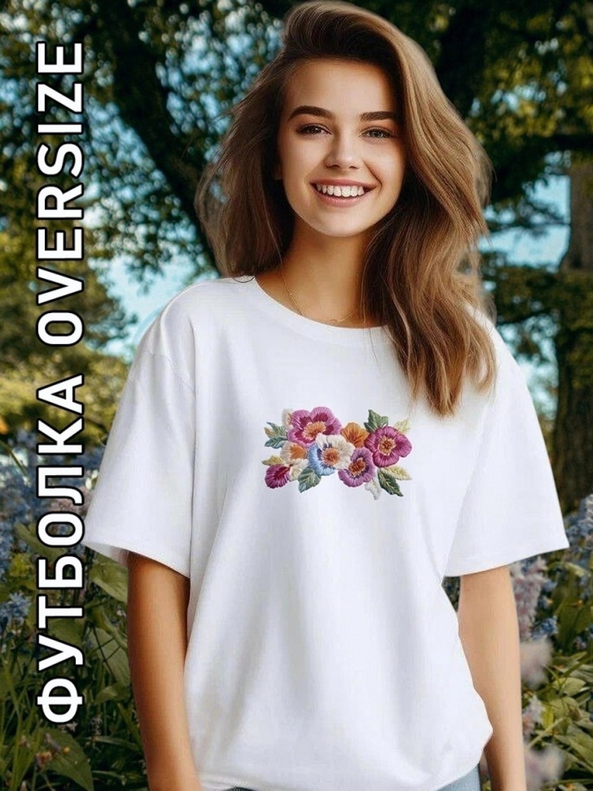 Футболка женская  с принтом белая букет цветов