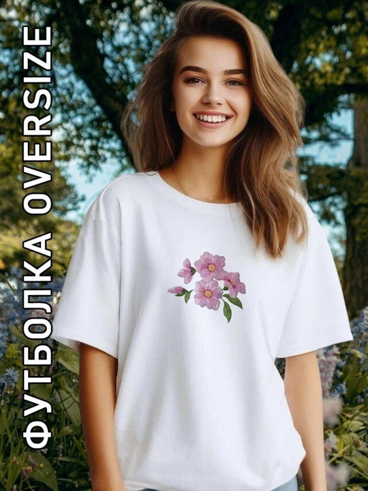 Футболка оверсайз женская  с принтом розовые цветы