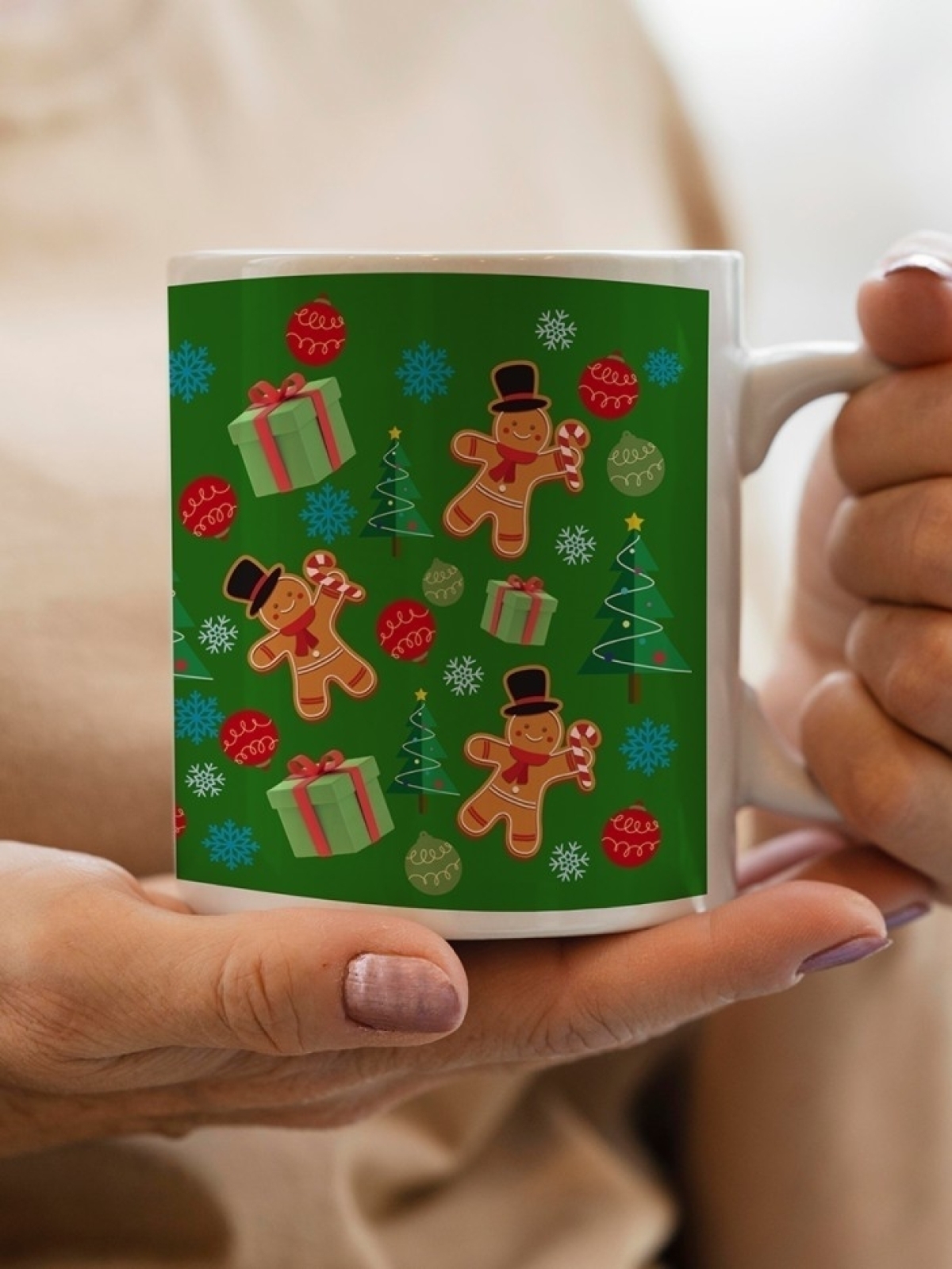 Кружка новогодняя подарочная пряничные человечки зеленая