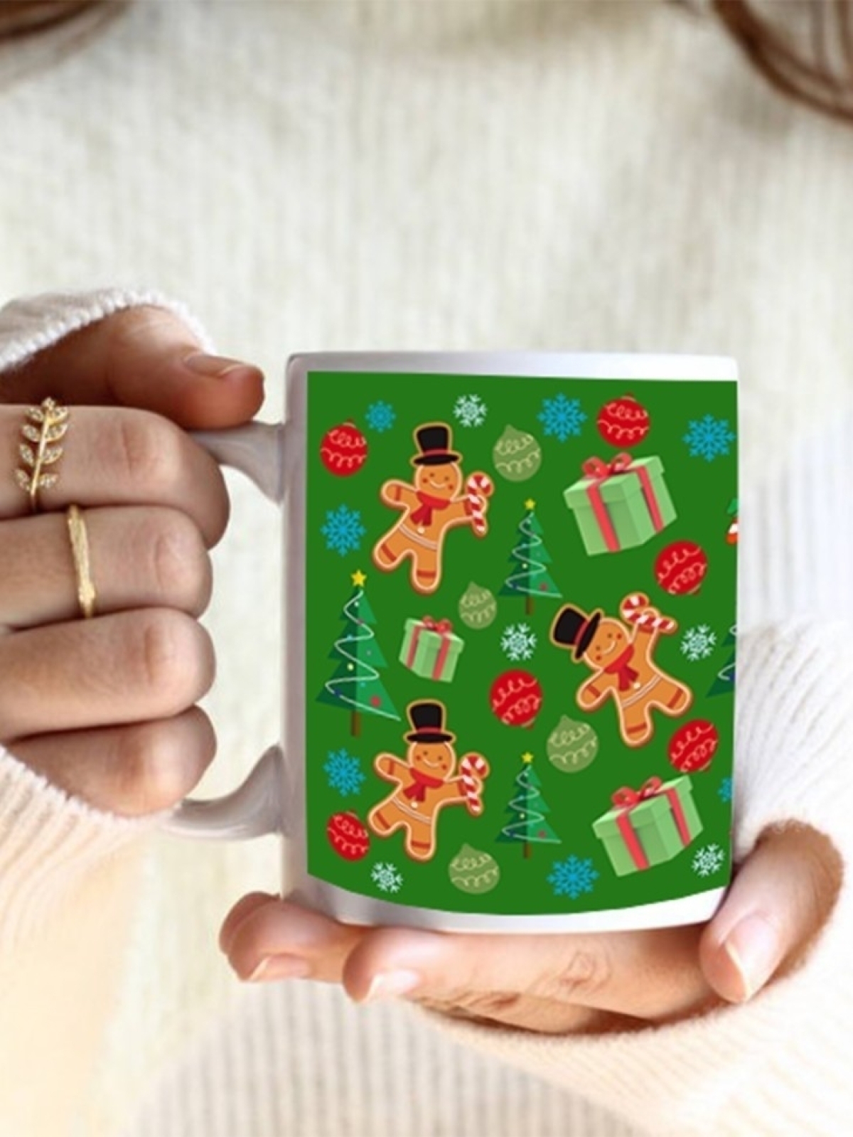 Кружка новогодняя подарочная пряничные человечки зеленая