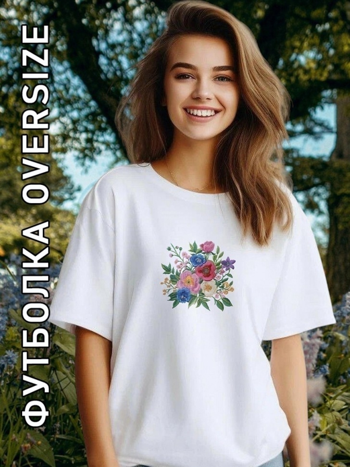 Футболка оверсайз женская  с принтом букет цветов