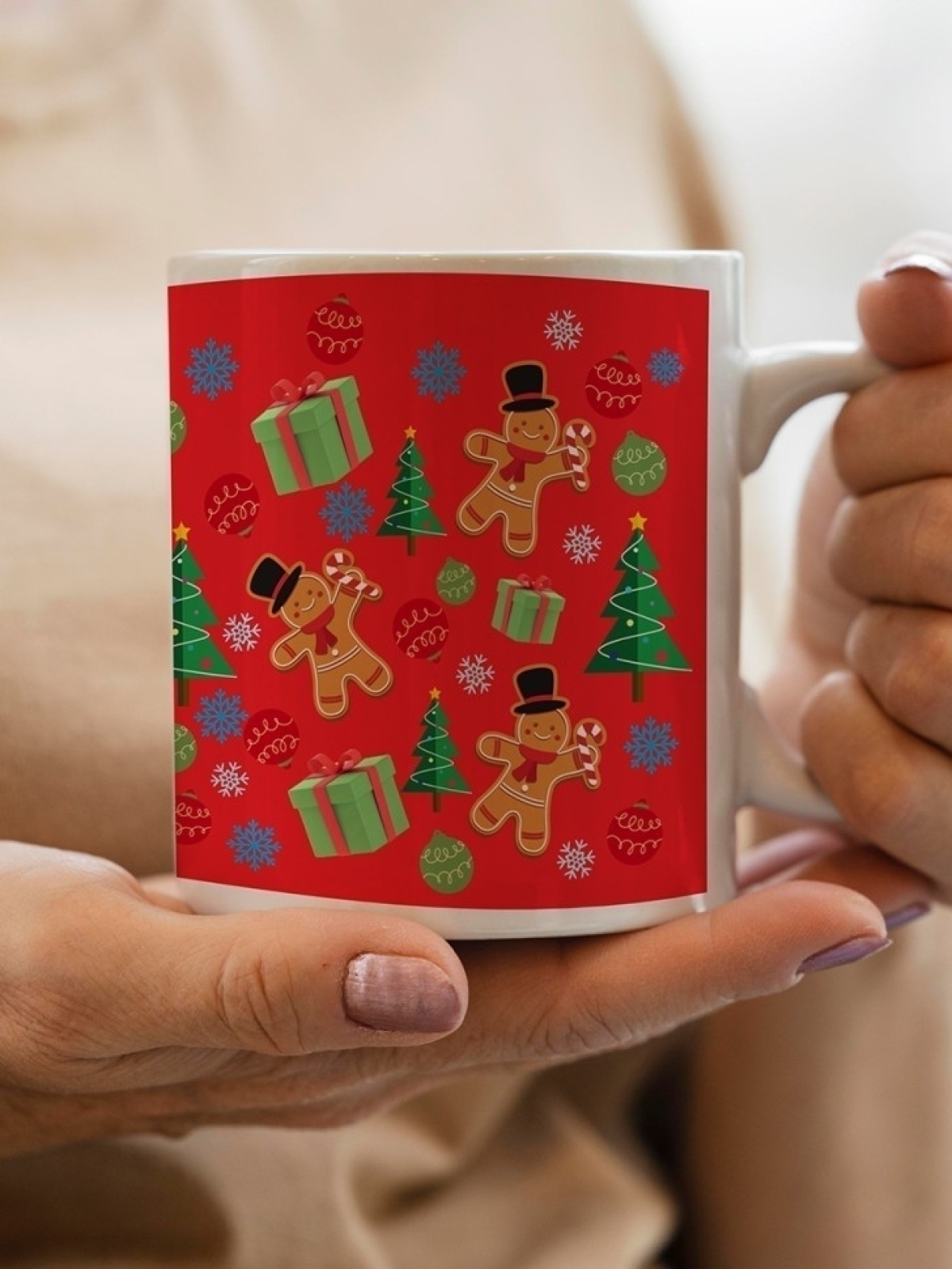 Кружка новогодняя подарочная пряничные человечки красная