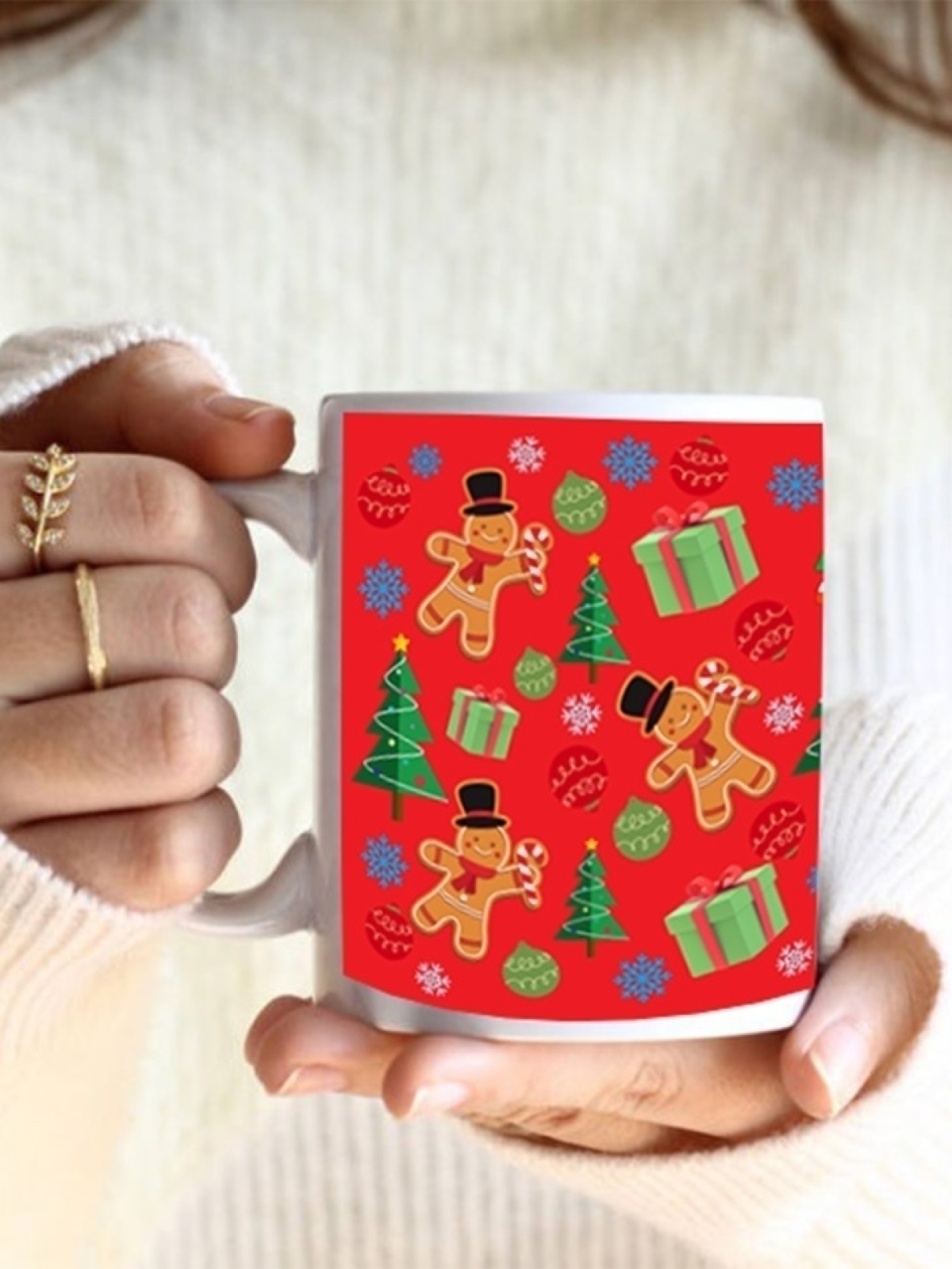 Кружка новогодняя подарочная пряничные человечки красная