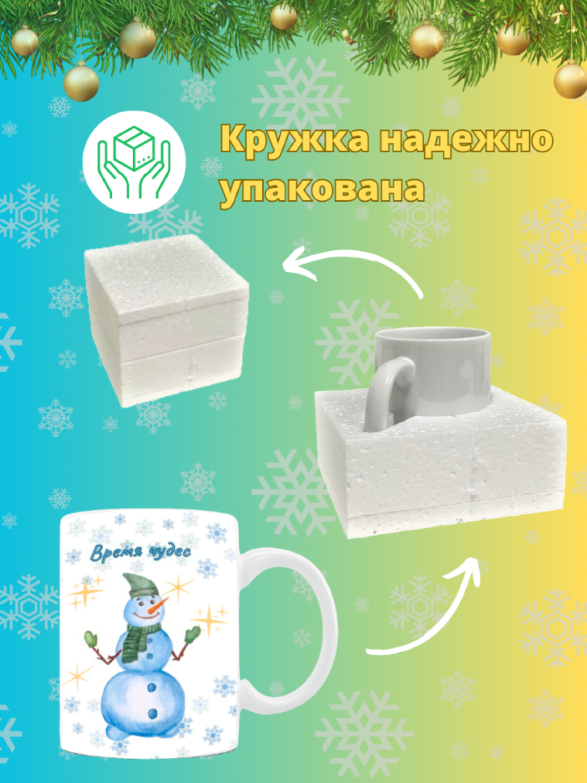 Кружка новогодняя с надписью и принтом Снеговичок