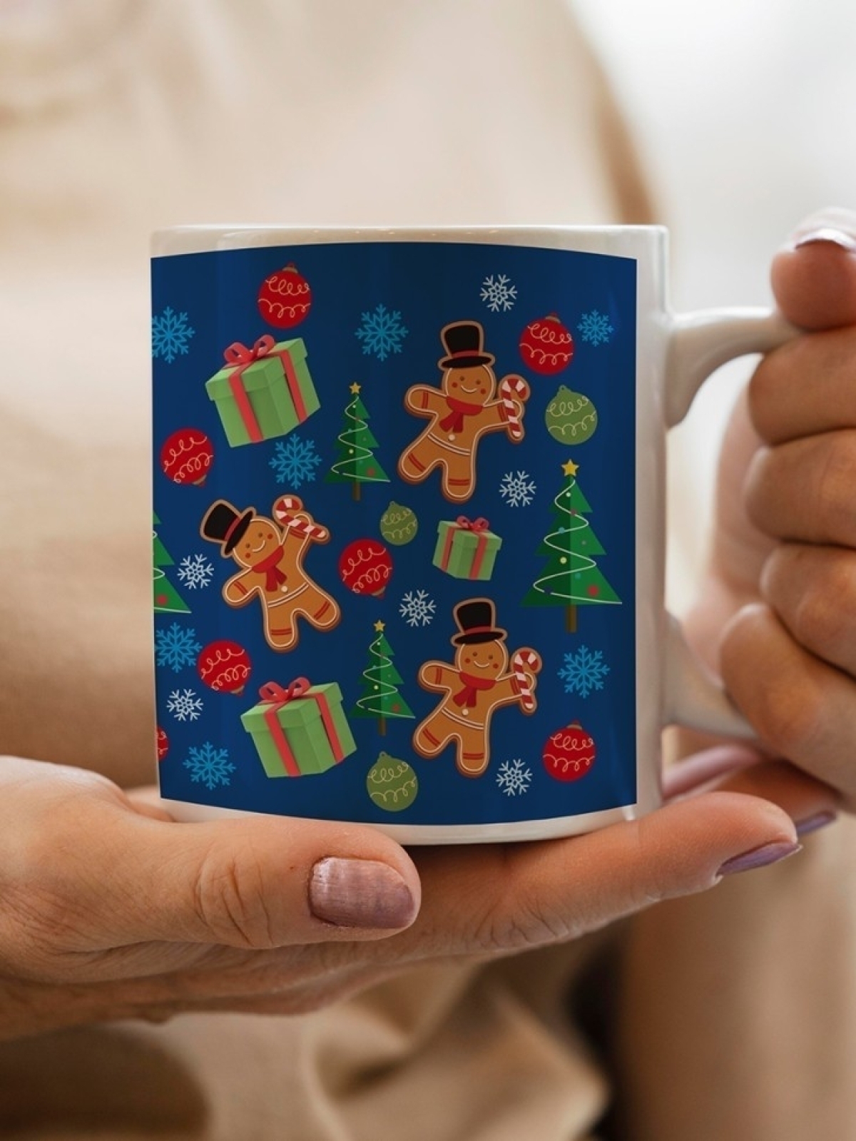 Кружка новогодняя подарочная пряничные человечки синяя