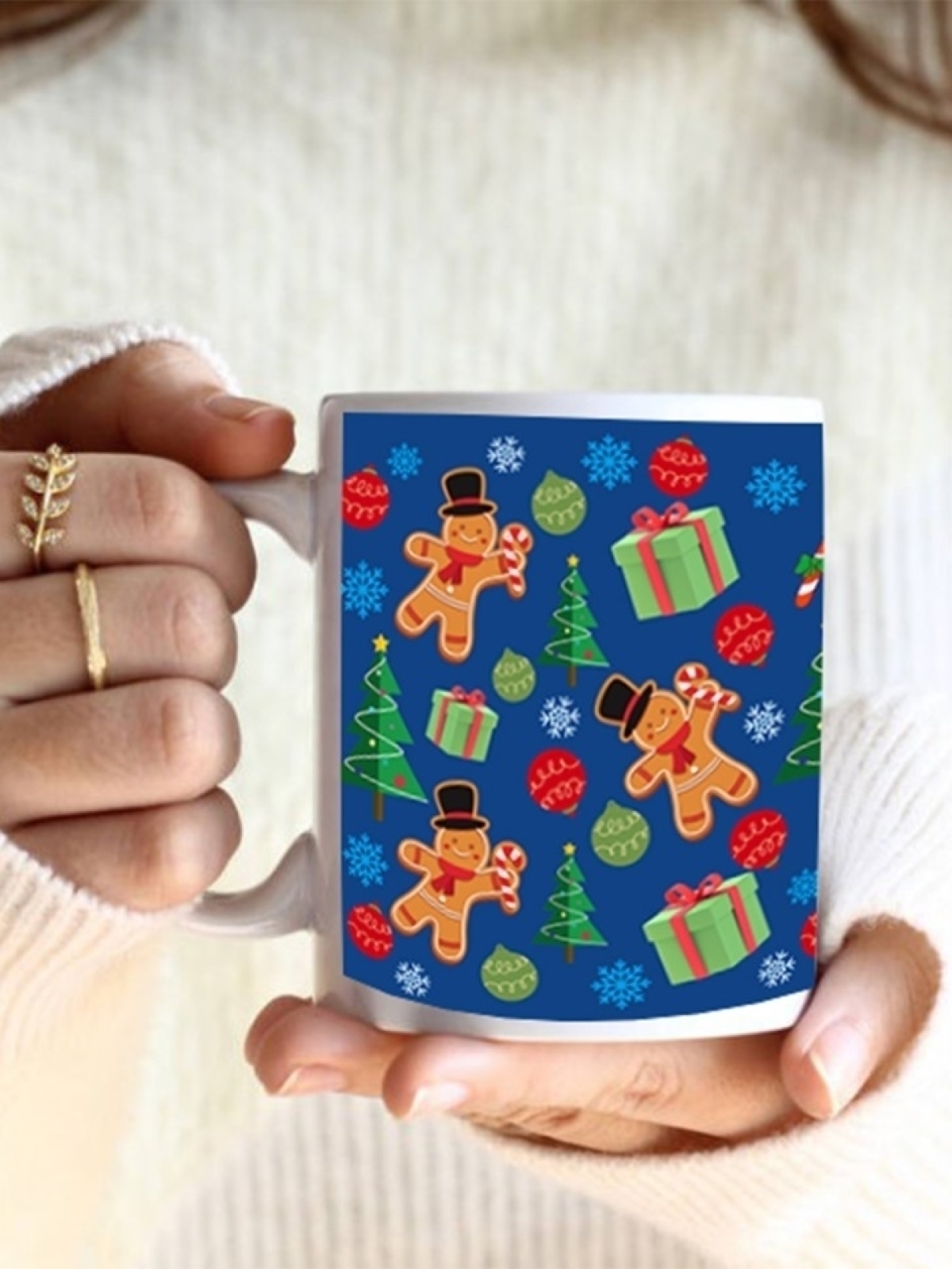 Кружка новогодняя подарочная пряничные человечки синяя