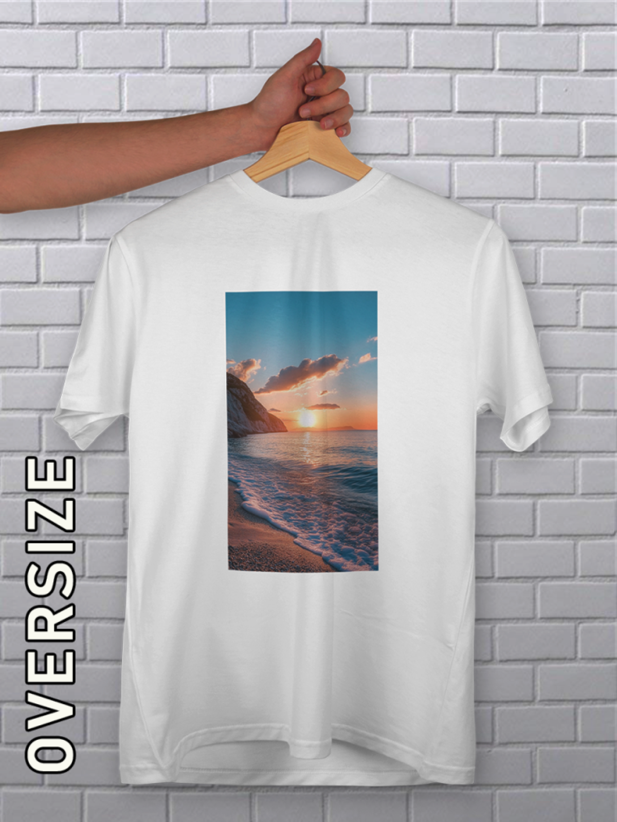 Футболка оверсайз белая с принтом закат морское побережье