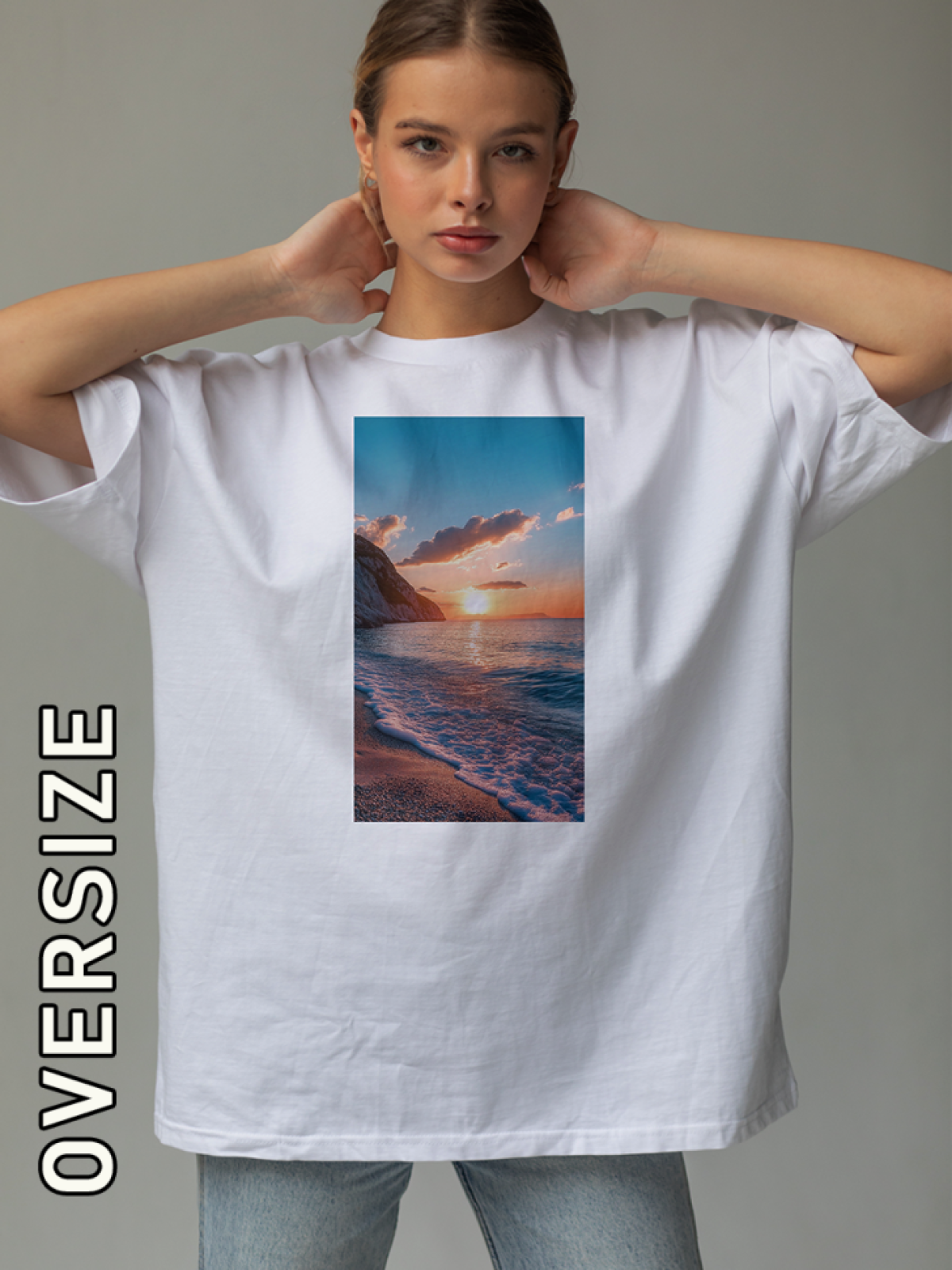 Футболка оверсайз белая с принтом закат морское побережье