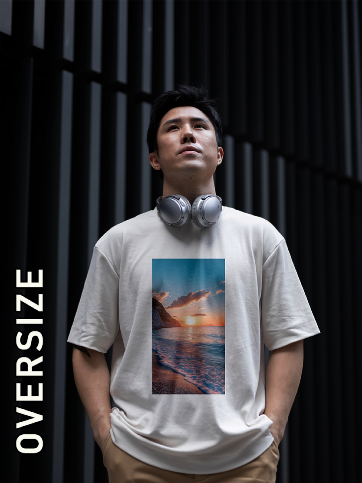 Футболка оверсайз белая с принтом закат морское побережье