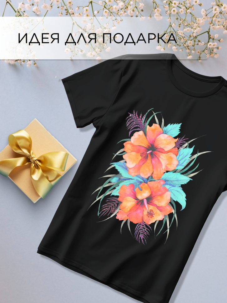 Футболка оверсайз универсальная с принтом Цветы на черном Футболка оверсайз универсальная с принтом Цветы на черном