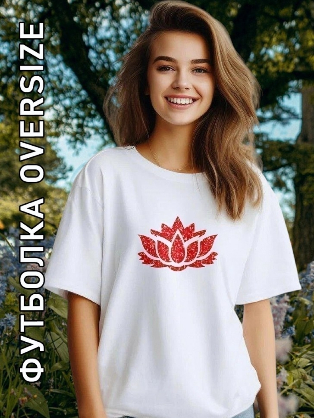 Футболка оверсайз женская белая с принтом лотос