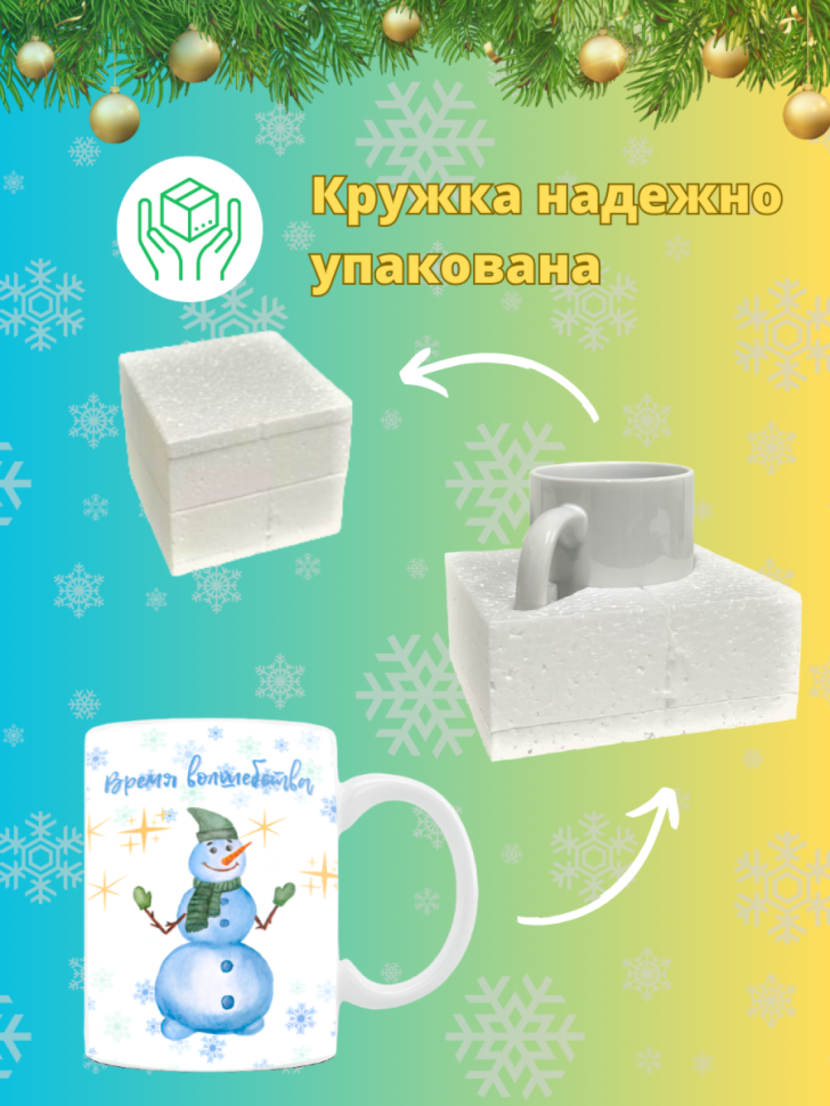 Кружка новогодняя с надписью и принтом Снеговичок