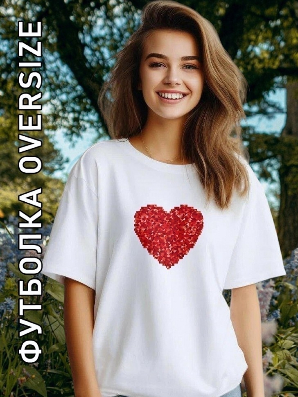 Футболка оверсайз женская белая с принтом сердце