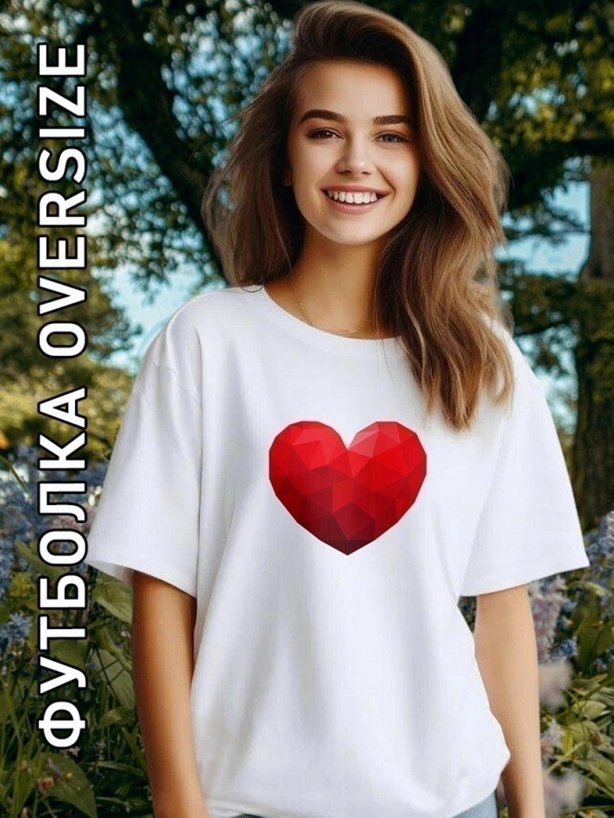 Футболка оверсайз женская белая с принтом сердце грани