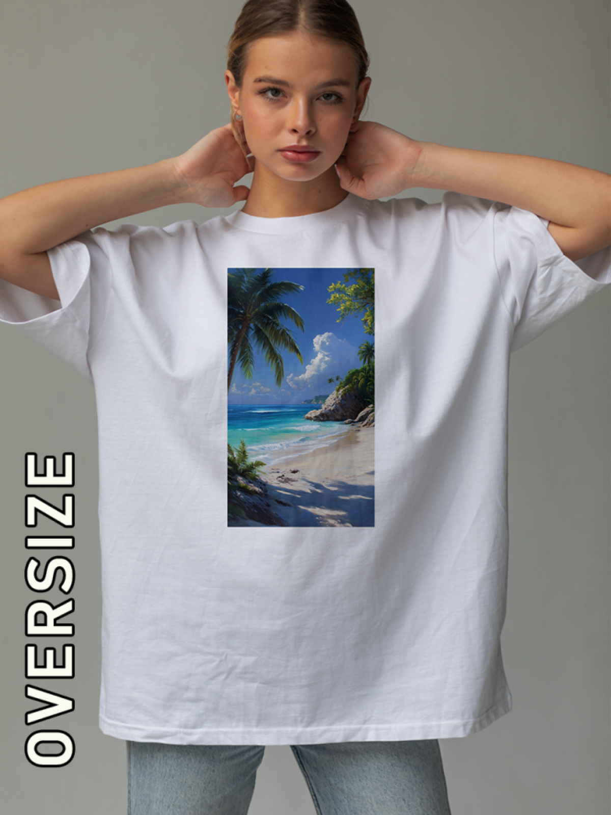 Футболка оверсайз белая с принтом пляж