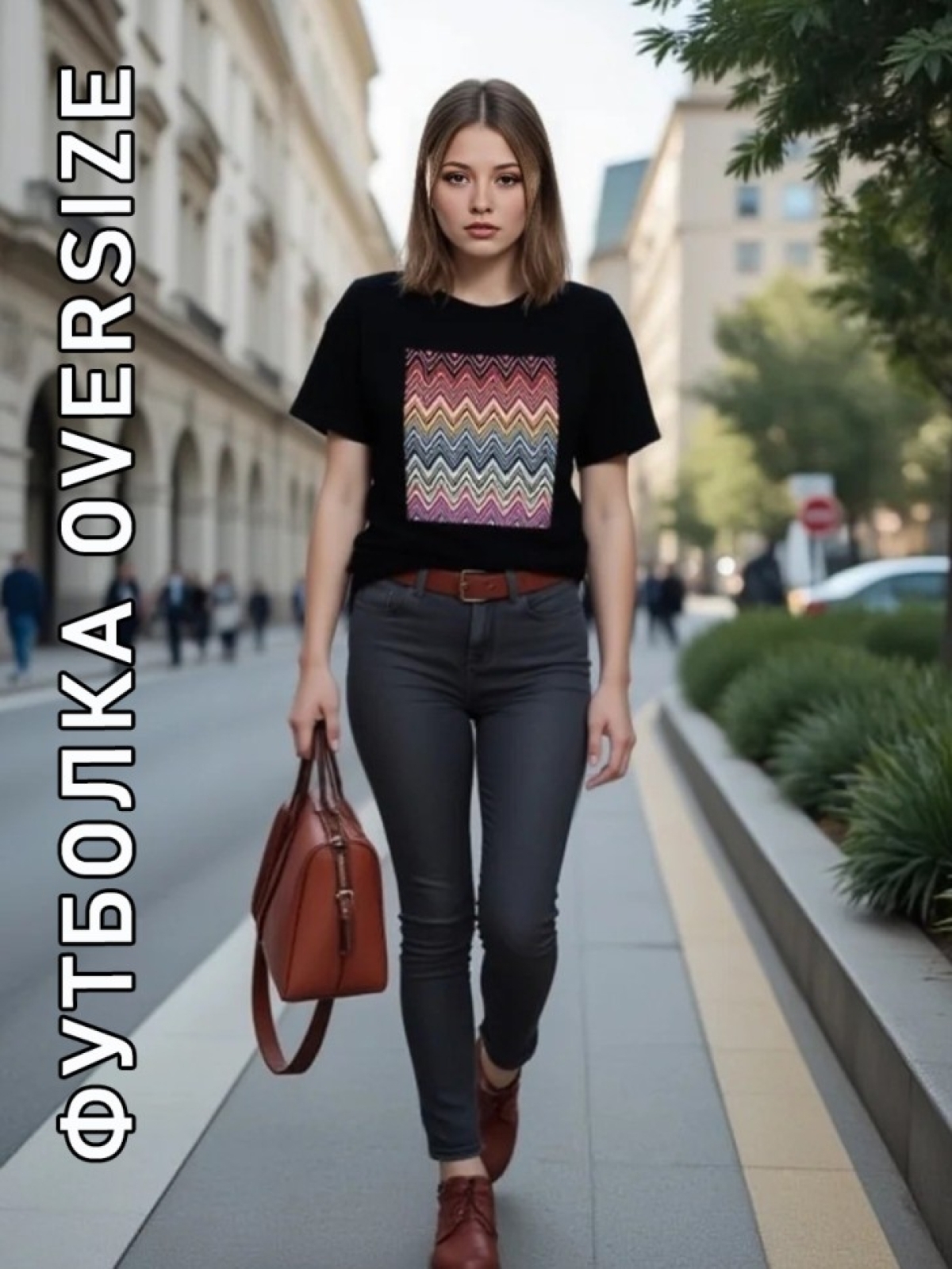 Оверсайз футболка женская черная цветной зигзаг