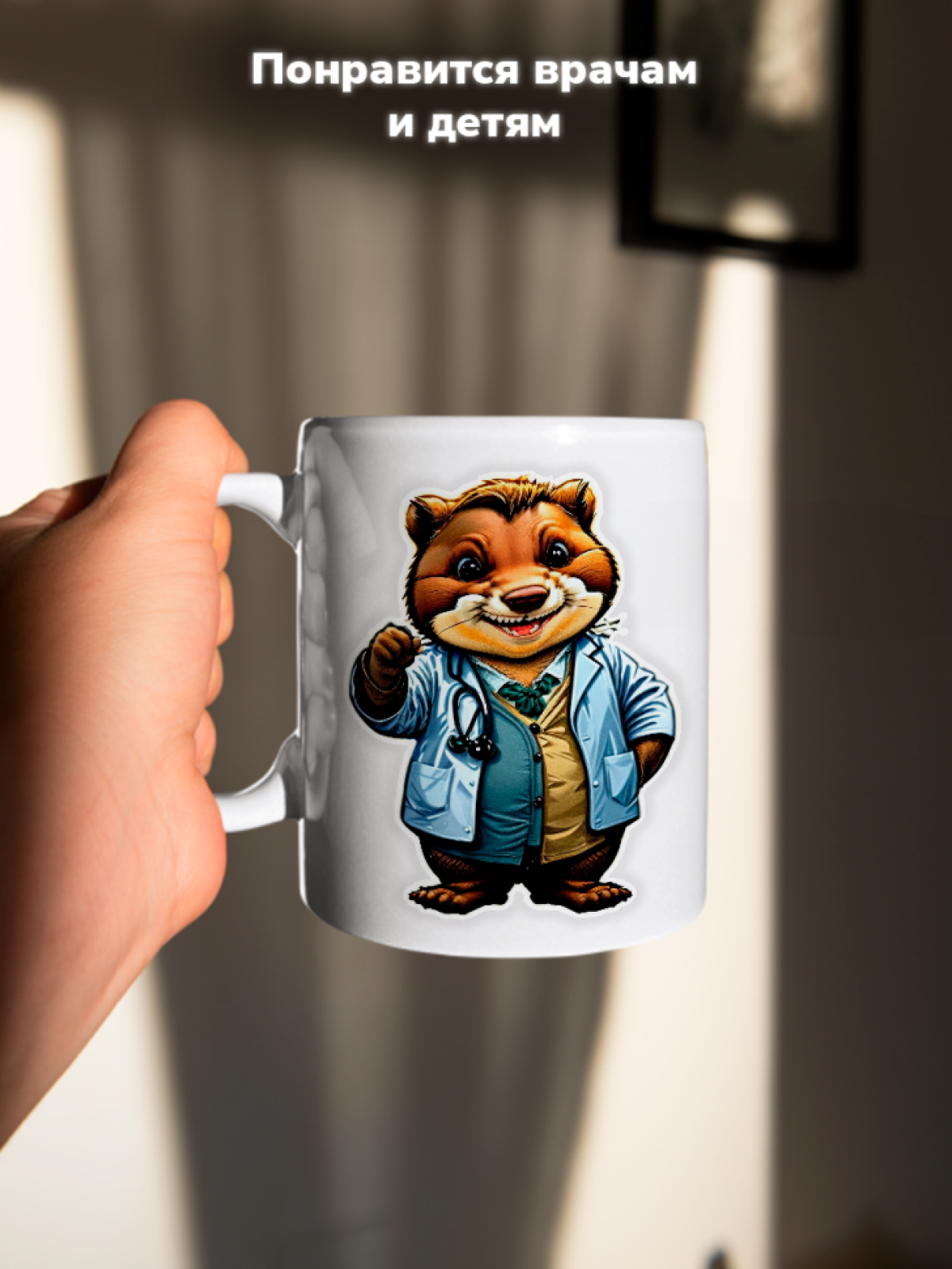 Кружка с оригинальным принтом. Звери в образе Врачей. Бобер