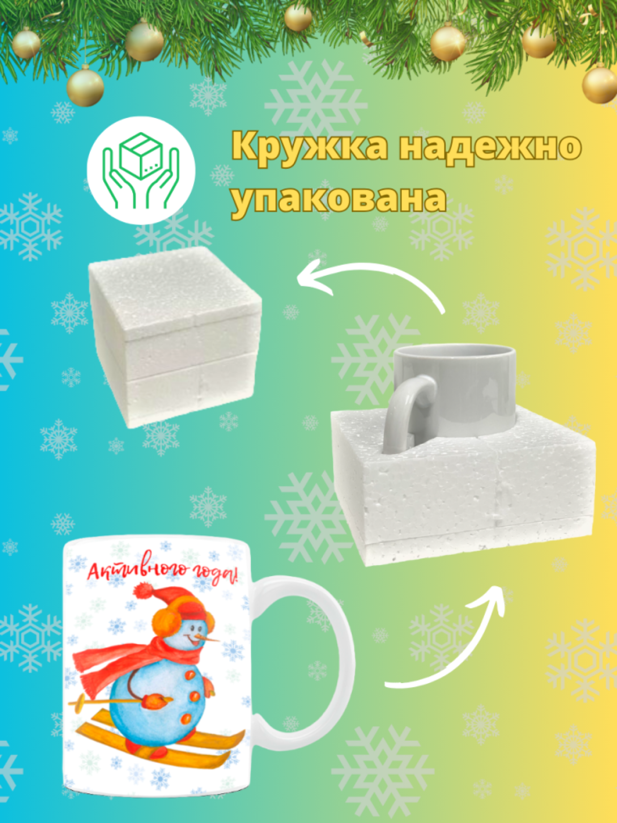 Кружка новогодняя с надписью и принтом Снеговичок