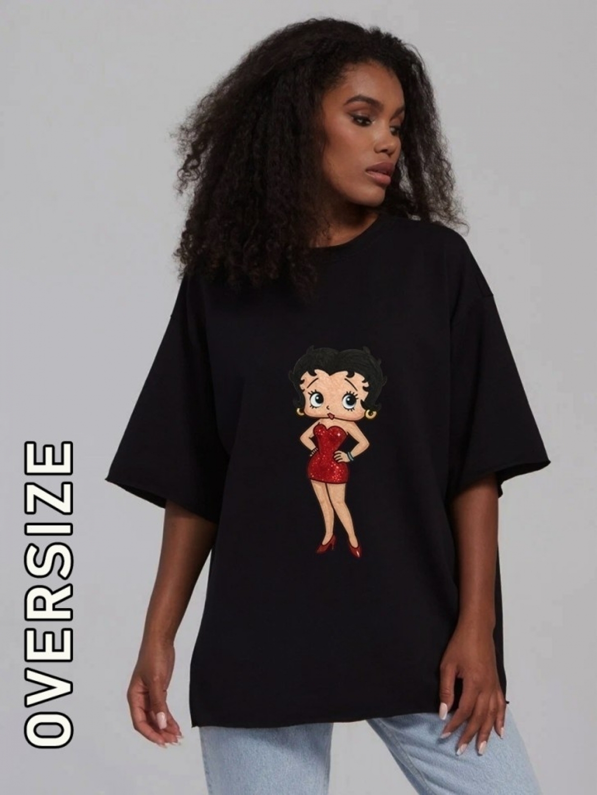 Футболка женская оверсайз с принтом черная