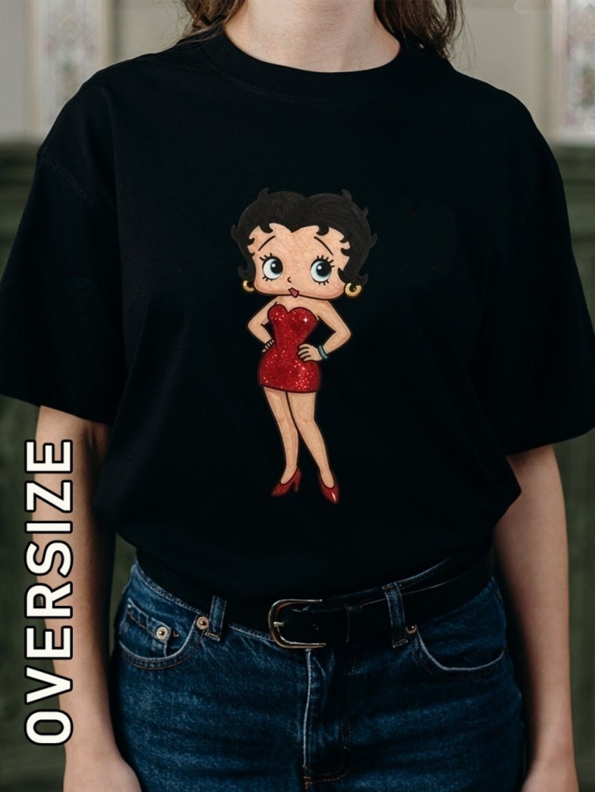 Футболка женская оверсайз с принтом черная