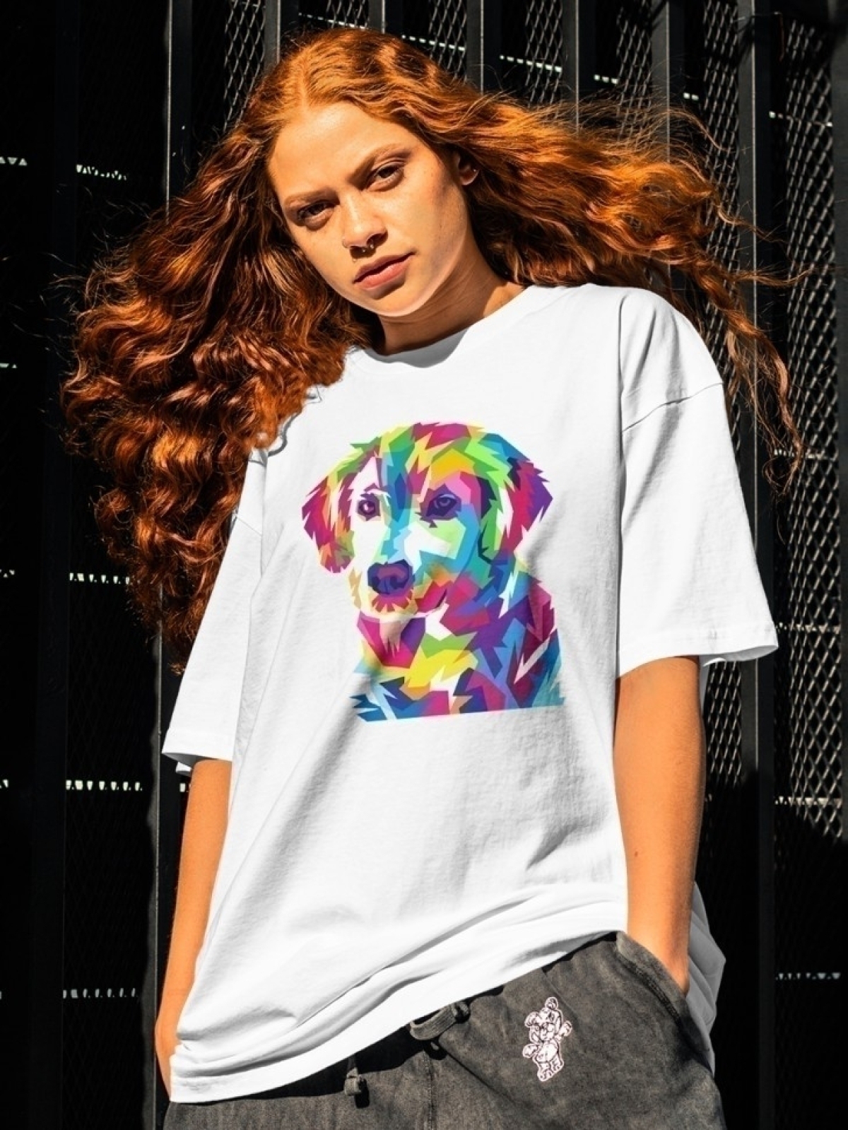 Футболка оверсайз с принтом цветная собака Футболка оверсайз с принтом цветная собака