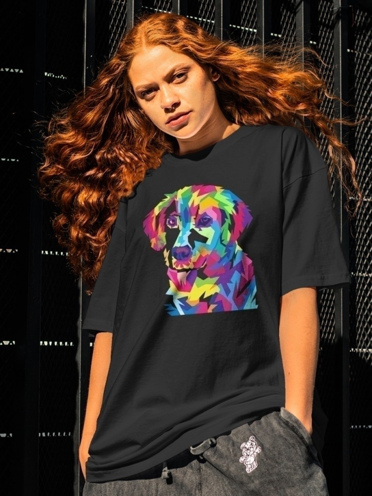 Футболка оверсайз с принтом цветная собака Футболка оверсайз с принтом цветная собака