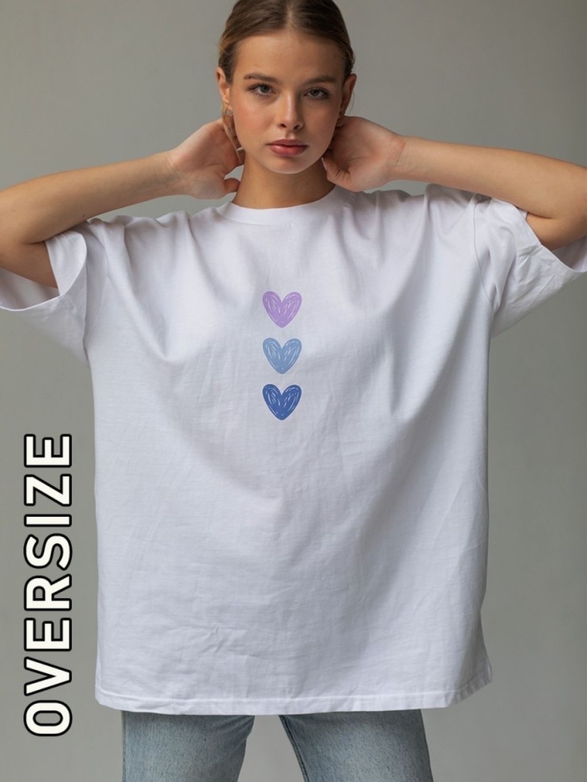 Оверсайз футболка женская белая три сердца