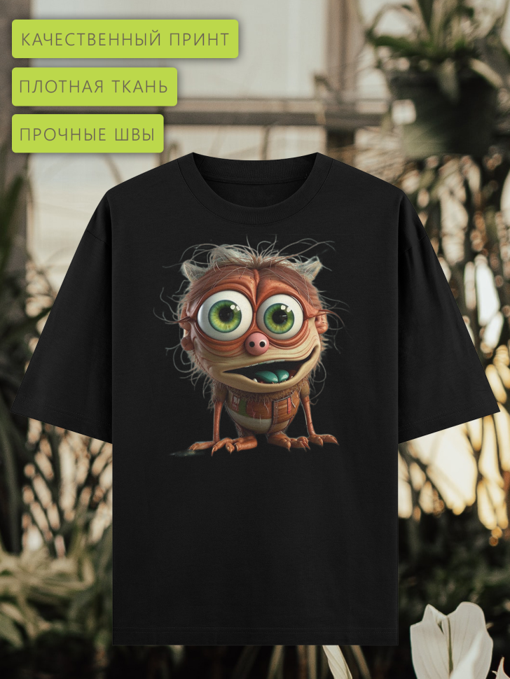 Футболка оверсайз плотная черная с принтом выхухоль