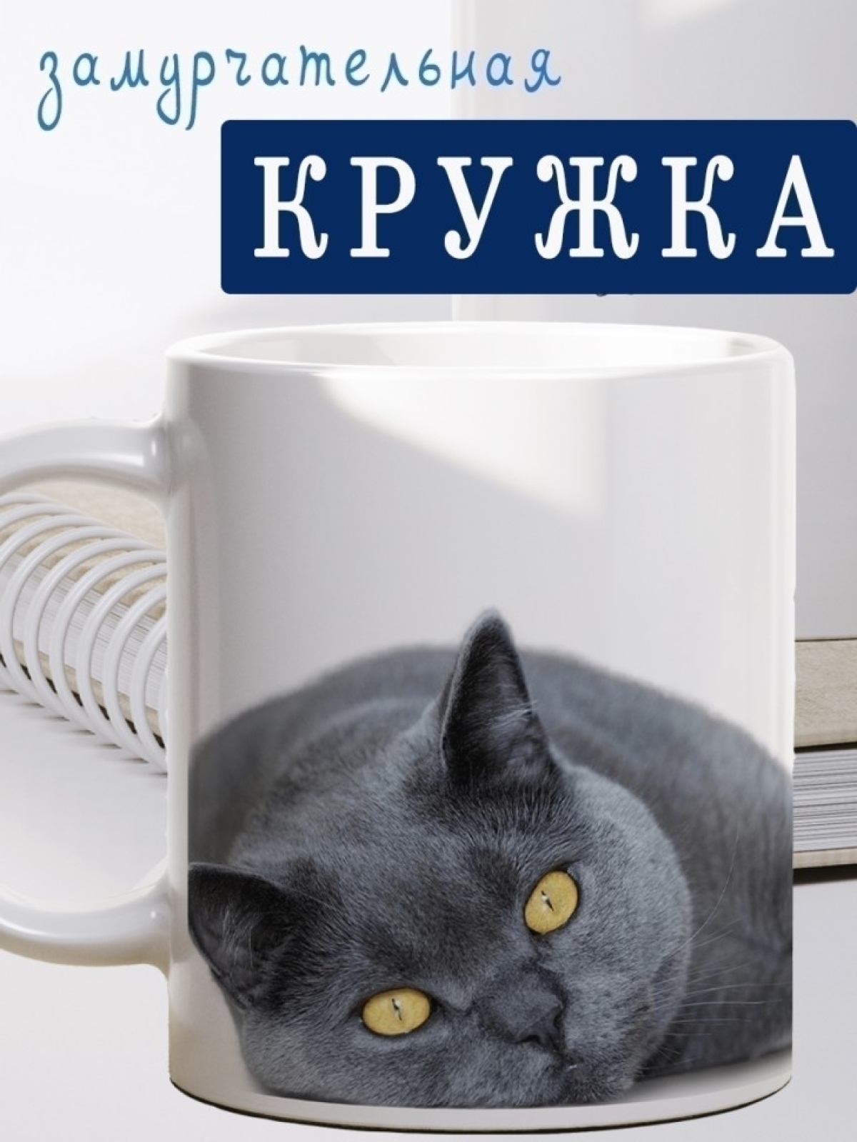 Кружка керамическая большая белая с принтом британская кошка