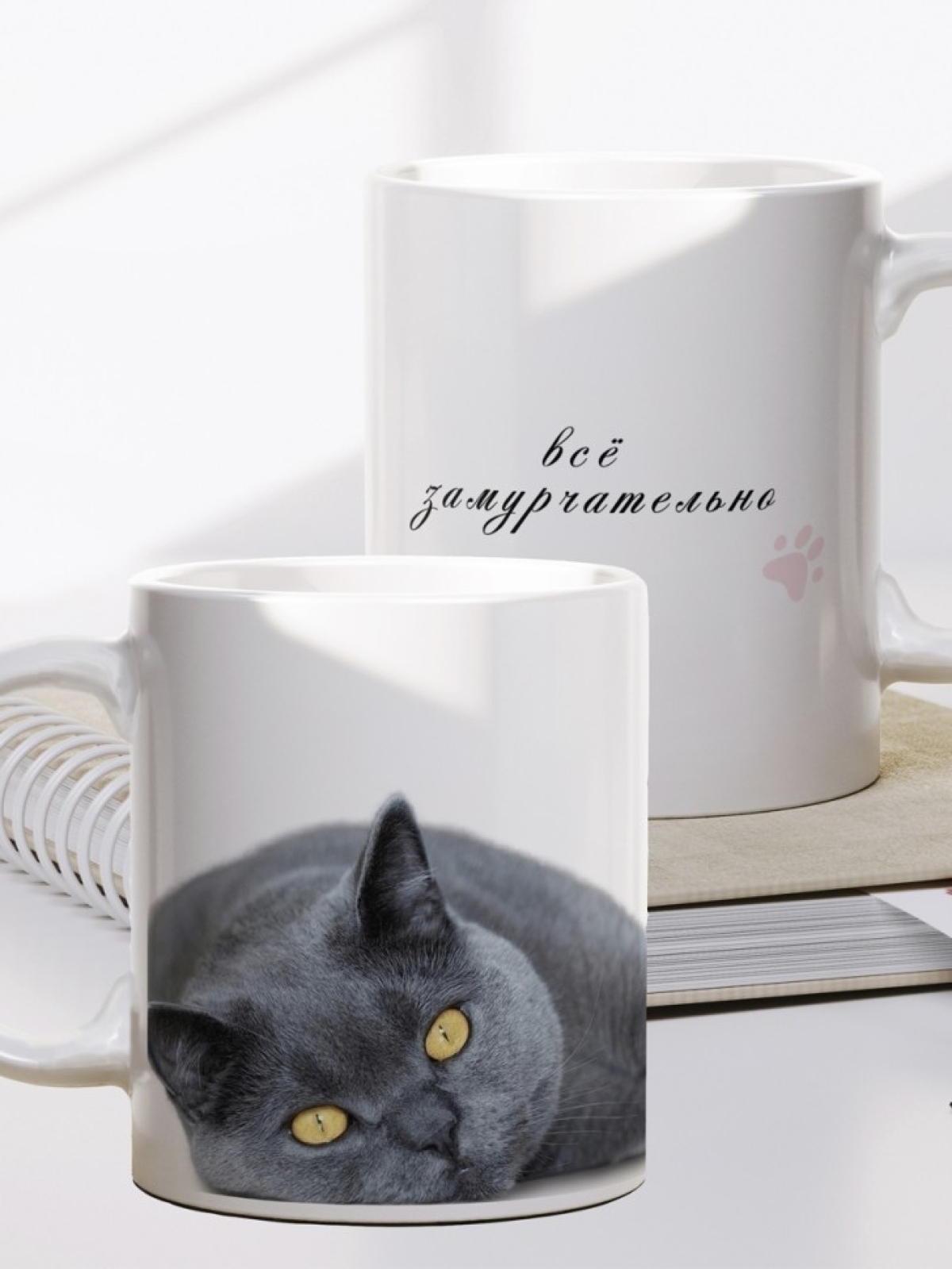 Кружка керамическая большая белая с принтом британская кошка