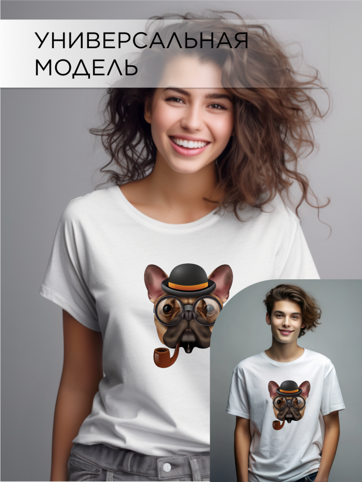 Футболка оверсайз с принтом Бульдог с трубкой белая